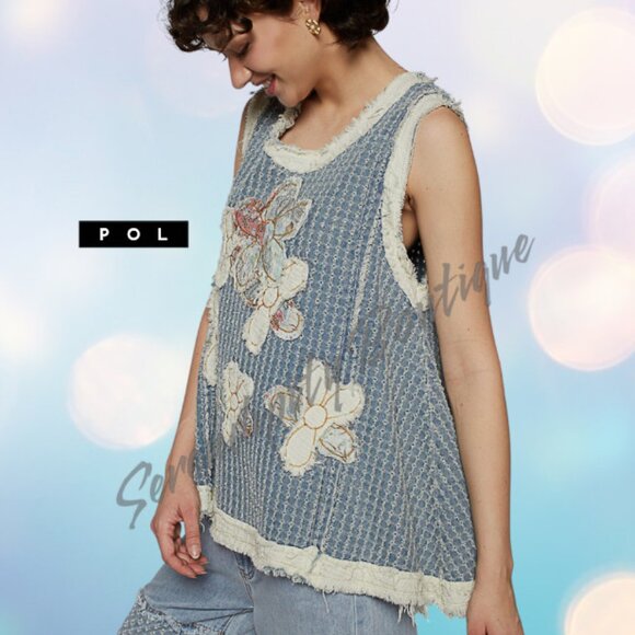 POL Blue Denim Flower Patchwork Frayed Edge Baggy Sleeveless Cotton Drapery Top - Picture 5 of 9